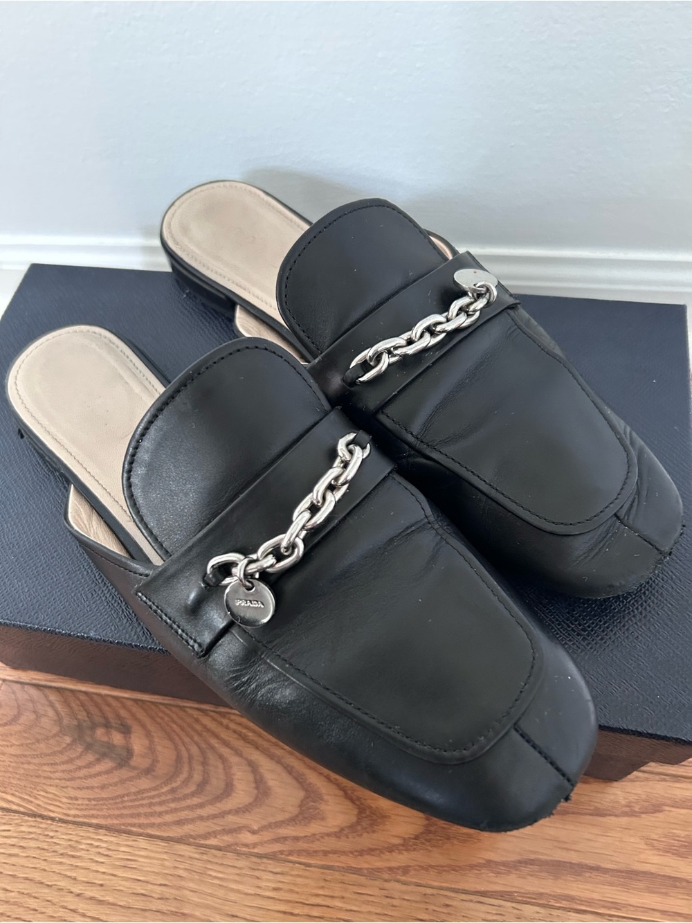 Prada Black Leather Chain-Trim Mule Loafers - Picture 2 of 4